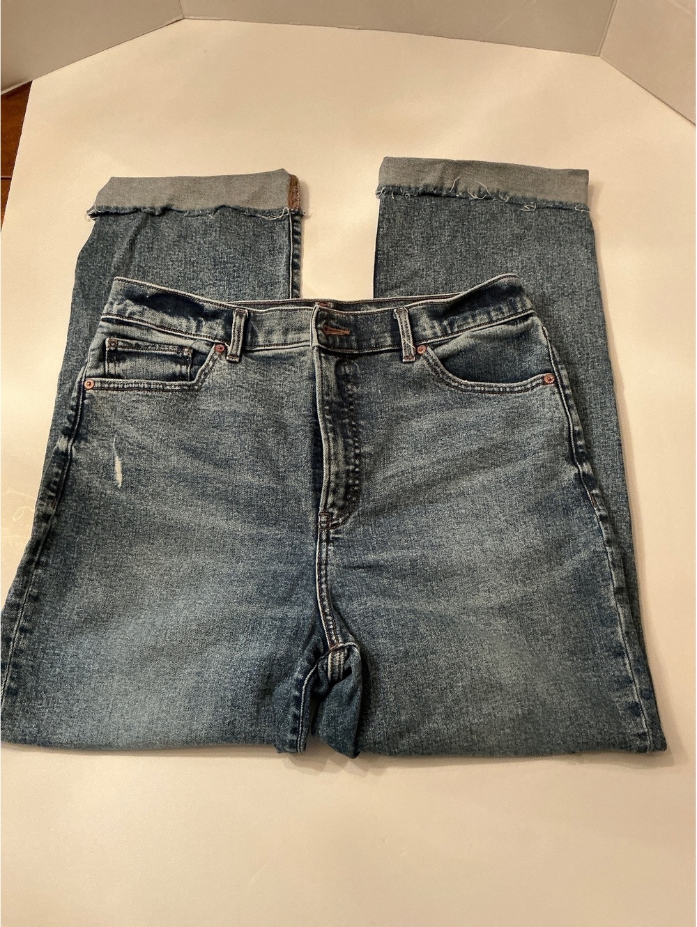 Express Modern Straight Super High Rise Distressed Jeans Medium Wash size 12R